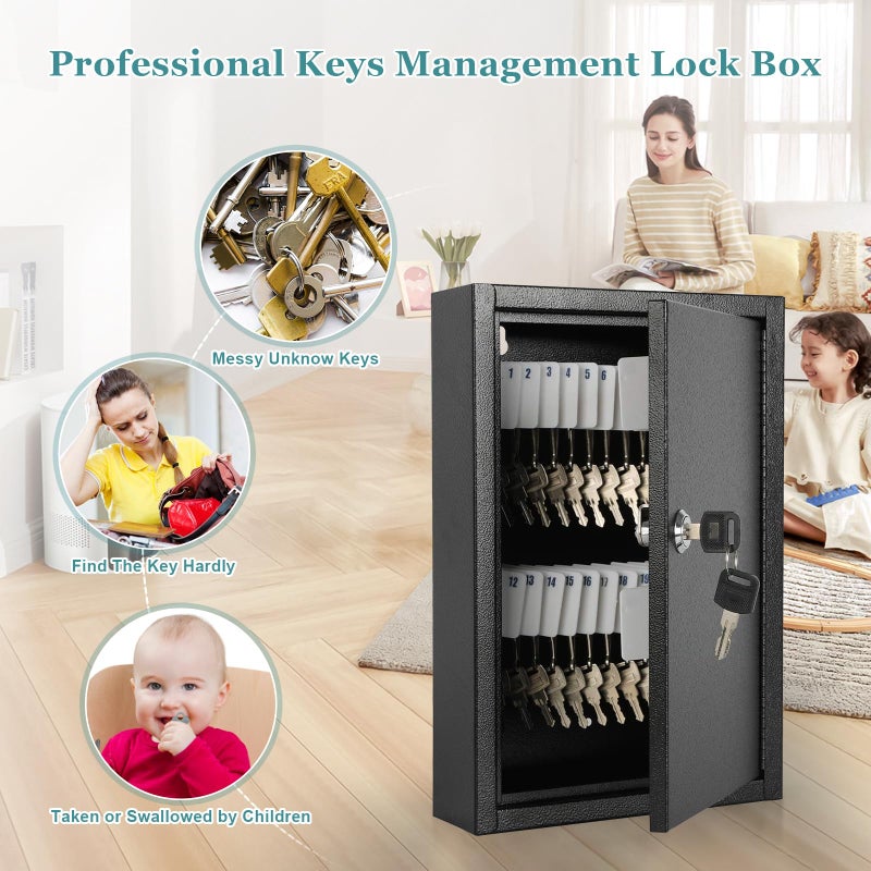 KYODOLED Key Storage Lock Box Wall Mount, Locking 40 Key Cabinet Holder Box with Key Lock, Hooks & Labels for Home, Office, Commercial Management, 2.5" D x 8.1" W x 12.1" H, Black - Image 3
